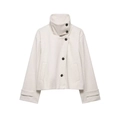 Macro detail of high stand collar and wool texture on oatmeal short coat - XS / Off-white