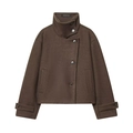 Detail of dark brown wool coat featuring asymmetric buttons and a tall stand collar - XS / Brown