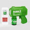 Green square bubble gun kit for kids featuring astronaut design with bubble solution and batteries - Square Green 6-Hole (With Batteries & Solution)