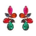 Detail of leaf-shaped earrings with colorful faceted glass gemstones in gold-tone plating - Colorful