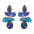 Vintage gold-tone cluster drop earrings with navy blue and teal crystal glass leaves - Deep and Light Blue