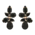 Detail view of black gemstone petal earrings with multifaceted pear-shaped stones and gold settings - Black