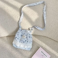 Light blue drawstring crossbody bag with cute cartoon prints and white lace trim - Jellyfish Style
