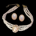 Three-layer pearl jewelry set with oval cat eye stone and crystal inlay in gold finish - 2# Necklace—Style A 3-Row Set