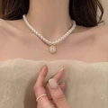 Vintage pearl necklace featuring an oval opal pendant with elegant gold plating details - 23# Necklace—Cat Eye Pendant