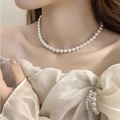 French vintage style faux pearl necklace with opal cross pendant on model - 28# Single Strand Pearl Necklace