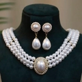 Three-strand pearl necklace set with rhinestone oval pendant and drop earrings - 3# Set—Style B 3-Row Necklace