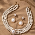 Three-layer pearl necklace and drop earring set with oval stones in vintage gold finish - 4# Set—Oval Pendant