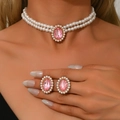 French vintage pearl necklace and earring set with pink oval stone and golden plating - 7# Set—Oval Pink