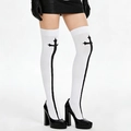 White over-knee high socks featuring a black gothic cross print and elastic knit texture - Dark Lolita White Cross Stockings / One Size