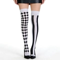 Asymmetric over-knee stockings with black and white checkerboard and striped patterns - Dark Lolita Diamond Pattern Black And White Striped Stockings / One Size