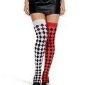 Asymmetrical diamond pattern over-knee socks in black, white and red Halloween style - Harley Quinn In White And Red Quilted Stockings / One Size