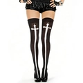 Gothic black over-the-knee socks with white cross print for Halloween cosplay - Dark Lolita Black Cross Stockings / One Size