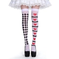 Asymmetric thigh high socks with checkered patterns and red hearts for cosplay outfits - Wonderland Diamond Pattern Heart-shaped Stockings / One Size