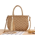 Handmade straw woven bag with top handles, crossbody strap, and tassel pearl detail - Camel with Tassel