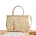 Beige paper straw crossbody bag with pearl tassel and round handles for summer vacation - Beige + Tassels