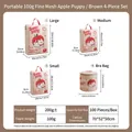 Brown laundry bag set size chart showing four mesh bags with cute cartoon puppy pattern - 100g Brown Apple Dog Tote Bag Set (small Medium Large And Bra Bag)