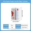 Cylindrical thick laundry bag with red apple and dog patterns in blue mesh fabric - Blue Apple Dog Cylinder (22*33cm)