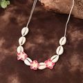 Bohemian cowrie shell necklace with pink frangipani flowers for beach surfing style - Qnn0018 - Red Seashell Necklace