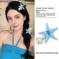Blue starfish hair claw clip with white shells and pearls for summer ocean style - 5779 Rhinestone Starfish Hair Clip-Blue Starfish
