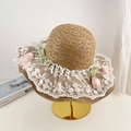 Handwoven straw sun hat with white lace floral trim and a green ribbon bow - Khaki Three Tulips (D-595)