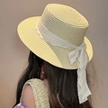 Cappello di paglia giallo chiaro da donna con nastro in pizzo bianco e fiocco - Cappello a Cupola Piatta con Pizzo Beige (D-580)
