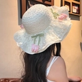Lace sun straw hat in cream white with pink tulip and green silk ribbon bow decoration - Off White Three Tulips (D-595)