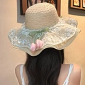 Beige wide-brim straw sun hat with white lace trim and green ribbon tulip bow detail - Beige Three Tulips (D-595)