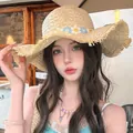 Wide brim straw sun hat featuring blue and yellow daisy embroidery and frayed edges - Beige Little Daisy Straw Hat (D-608)
