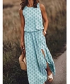 Lichtblauwe mouwloze jurk met groen bladpatroon en zijsplit voor de zomervakantie - S / Dresses / Meerblauw Regendruppel Print