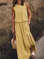 Gele tweedelige mouwloze top en maxi-rok met zijsplit en all-over bladprint - S / Dresses / Geel Regendruppel Print