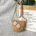 Brown woven straw crossbody purse with colorful floral appliques and shoulder strap - Rhinestone Flower - Khaki