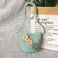 Mint green straw woven crossbody bag for girls with handmade floral rhinestones - Rhinestone Flower - Green