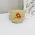 Kids woven straw coin purse with a cute orange dragonfly decor and zipper closure - Dragonfly - Beige