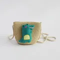 Cute straw crossbody bag for girls featuring a green plush crocodile cartoon ornament - Plush Dinosaur - Beige