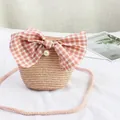 Straw crossbody coin purse with pink checkered bow and pearl pendant for kids - Pearl Bow - Pink