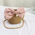 Straw bucket bag for girls featuring a large pink plaid bow and elegant pearl charm - Pearl Bow - Khaki