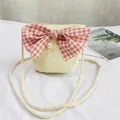 Girl's straw beach bag in creamy white with a large pink plaid bow and pearl charm - Pearl Bow - Cream