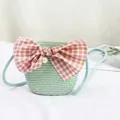 Mint green straw crossbody bag for girls with pink checkered bow and pearl pendant - Pearl Bow - Green