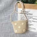 Kids daisy straw crossbody bag with white flower appliques and rope strap for summer - Little Daisy - Beige