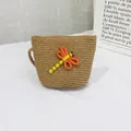 Kids straw bucket purse with orange dragonfly rope embroidery and secure zipper - Dragonfly - Khaki