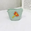 Mint green woven straw bag for girls with colorful dragonfly motif and metal zipper - Dragonfly - Green