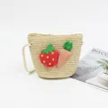 Beige woven straw crossbody bag for girls featuring strawberry and carrot charms - Strawberry & Carrot - Beige