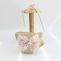 Handmade straw coin purse for girls with a large pink lace bow and pearl accents - Sequin Mesh Bow - Beige