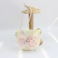 Kids straw crossbody coin purse with pink mesh bow and pearl accent in light yellow - Sequin Mesh Bow - Cream