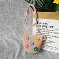 Pink woven straw crossbody purse for girls with 3D floral accents and cotton strap - Soft Flower - Pink