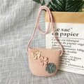 Pink straw mini crossbody bag for girls featuring three handcrafted floral 3D decorations - Rhinestone Flower - Pink