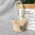 Beige woven straw mini crossbody bag with colorful fabric flowers and rhinestone detail - Rhinestone Flower - Beige