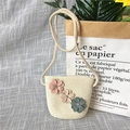 Children's woven straw crossbody bag in beige with three 3D fabric flowers and rhinestones - Rhinestone Flower - Cream
