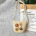 Beige woven straw crossbody bag for kids with 3D sunflower floral decorations - Tricolor Flower - Beige